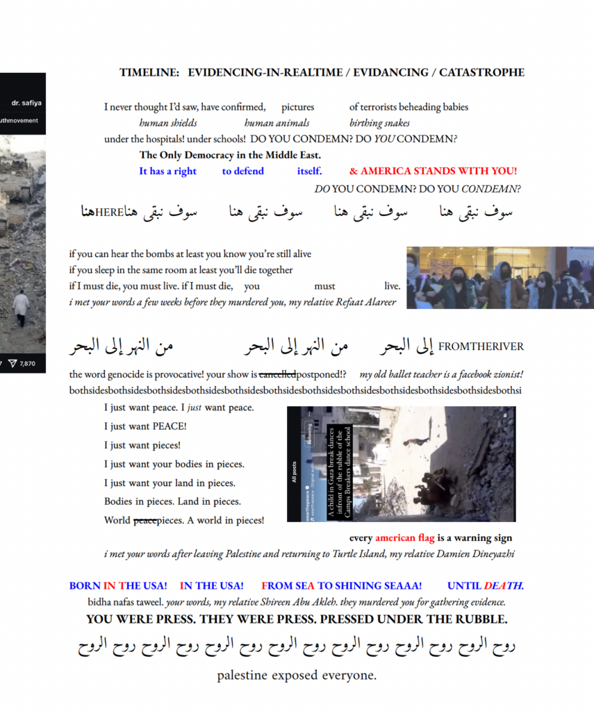 On the far left side of the page there is a long rectangle image cropped as wide as a penny. It is another instagram fragment cropped in a way that blocks information. Inside the sliver, we witness a small figure of a person in a white coat walking across a rubble / destroyed place in Gazy. He is walking towards a tank. It is a famous image that appeared after the Israeli Occupying Force (IOF) destroyed a hospital in Gaza and disappeared / kidnapped the beloved Dr. Safiya who was helping so many in Gaza. On the mid-right there is a small rectangular image that shows students protesting in the US wearing masks and kuffiyehs with their arms locked together. On the lower right there is an image turned sideways of an instagram post featuring a small child figure standing in the sunlight, surrounded by rubble, and dancing for a group of other young boys sitting on the ground, in a shadow near a building. The caption reads “A child in Gaza break dances in front of the rubble of the Camp Breakers dance school”. The words are in white font with a black background.